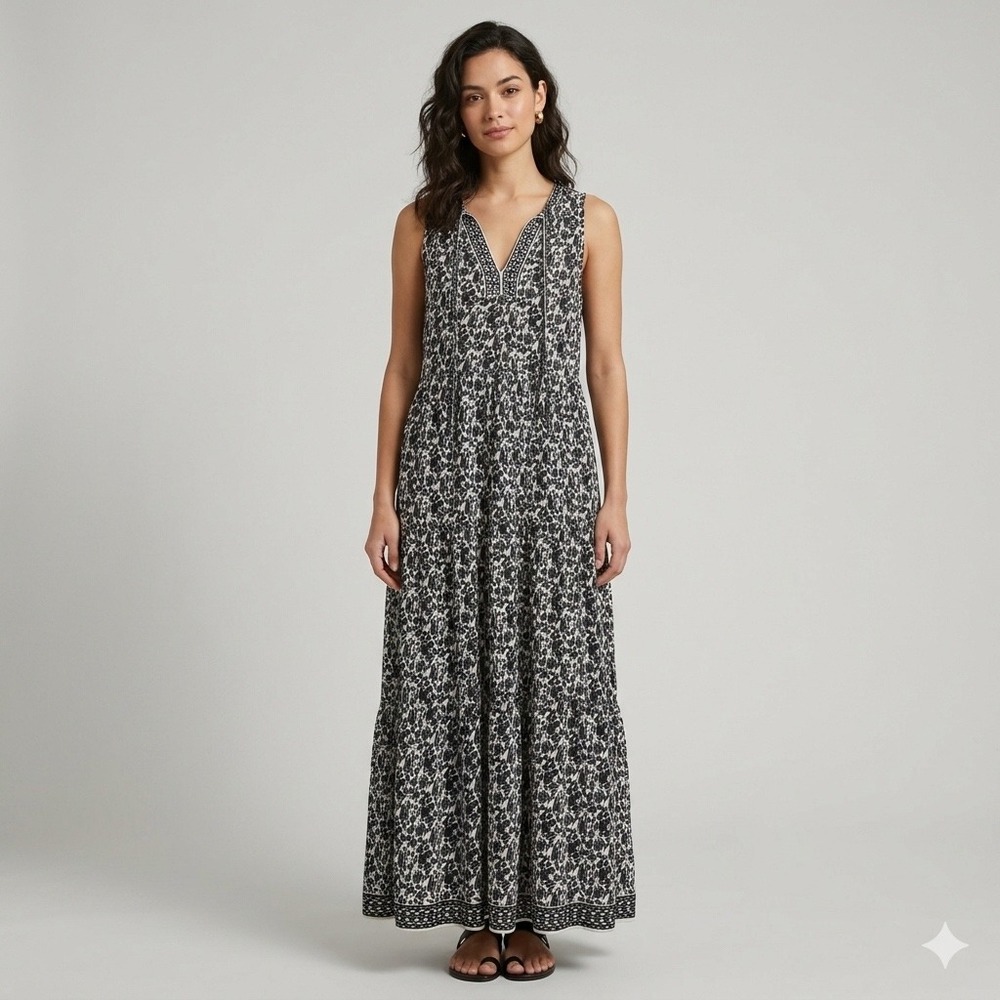 Max Studio Maxi Dress Womens Medium Black White Floral Tiered Boho Cottagecore‎